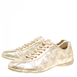 Louis Vuitton Metallic Gold Leather Perforated Leather Sneakers Size 38