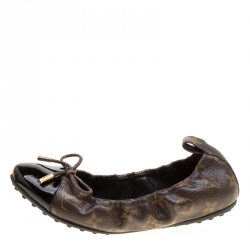 Pre Owned حذاء فلات باليه لوي فيتون مجعد تفاصيل فيونكة جلد لامع أسود وكانفاس مونوغرامي