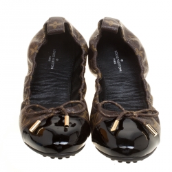 Pre Owned حذاء فلات باليه لوي فيتون مجعد تفاصيل فيونكة جلد لامع أسود وكانفاس مونوغرامي