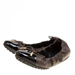 Pre Owned حذاء فلات باليه لوي فيتون مجعد تفاصيل فيونكة جلد لامع أسود وكانفاس مونوغرامي