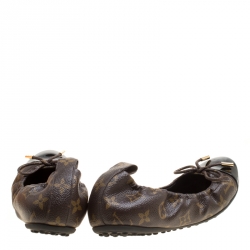 Pre Owned حذاء فلات باليه لوي فيتون مجعد تفاصيل فيونكة جلد لامع أسود وكانفاس مونوغرامي