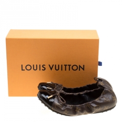 Pre Owned حذاء فلات باليه لوي فيتون مجعد تفاصيل فيونكة جلد لامع أسود وكانفاس مونوغرامي