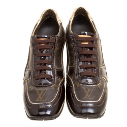 Louis Vuitton Brown Monogram Canvas and Patent Leather Globe Trotter Square Toe Sneakers Size 36