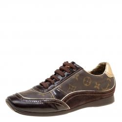 Louis Vuitton Brown Monogram Canvas and Patent Leather Globe Trotter Square Toe Sneakers Size 36