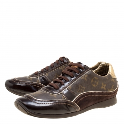 Louis Vuitton Brown Monogram Canvas and Patent Leather Globe Trotter Square Toe Sneakers Size 36