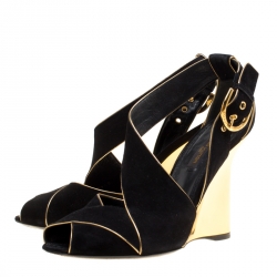 Pre Owned Louis Vuitton Black Suede Wedge Sandals Size 38