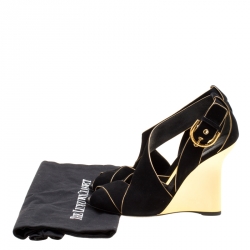 Pre Owned Louis Vuitton Black Suede Wedge Sandals Size 38