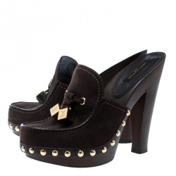 Pre Owned Louis Vuitton Brown Nubuck Dice Clogs Size 36