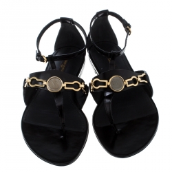Pre Owned Louis Vuitton Black Leather Thong Ankle Strap Sandals Size 38.5