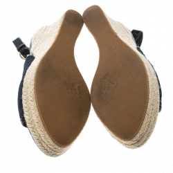 Pre Owned Louis Vuitton Blue/Black Denim Monogram and Patent Leather Espadrilles Wedge Slingback Sandals Size 39.5