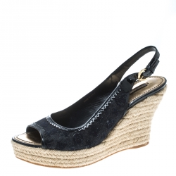 Pre Owned Louis Vuitton Blue/Black Denim Monogram and Patent Leather Espadrilles Wedge Slingback Sandals Size 39.5