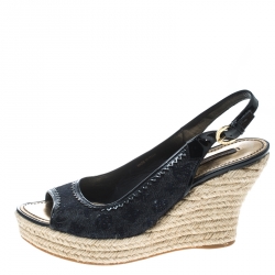 Pre Owned Louis Vuitton Blue/Black Denim Monogram and Patent Leather Espadrilles Wedge Slingback Sandals Size 39.5
