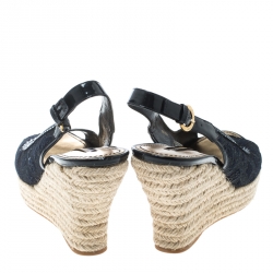 Pre Owned Louis Vuitton Blue/Black Denim Monogram and Patent Leather Espadrilles Wedge Slingback Sandals Size 39.5