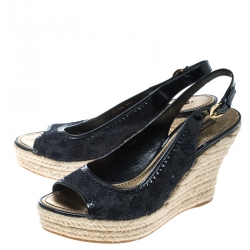 Pre Owned Louis Vuitton Blue/Black Denim Monogram and Patent Leather Espadrilles Wedge Slingback Sandals Size 39.5