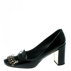 Pre Owned Louis Vuitton Black Patent Leather Fringe Detail Loafer Pumps Size 37.5