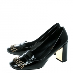 Pre Owned Louis Vuitton Black Patent Leather Fringe Detail Loafer Pumps Size 37.5