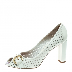 Pre Owned حذاء كعب عالي لوي فيتون كعب عريض مقدمة مدببة إبزيم جلد مخرم أبيض مقاس 39.5