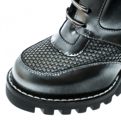 Pre Owned Louis Vuitton Metallic Grey Leather and Mesh Digital Gate Platform Ankle Boots Size 38