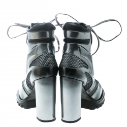 Pre Owned Louis Vuitton Metallic Grey Leather and Mesh Digital Gate Platform Ankle Boots Size 38