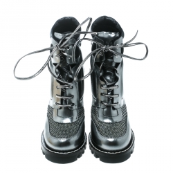 Pre Owned Louis Vuitton Metallic Grey Leather and Mesh Digital Gate Platform Ankle Boots Size 38