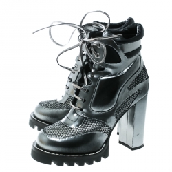 Pre Owned Louis Vuitton Metallic Grey Leather and Mesh Digital Gate Platform Ankle Boots Size 38