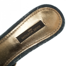 مملوكة مسبقًا حذاء سلايدز لوي فيتون مقدمة مفتوحة تفاصيل زهور دنيم مونوغرامي أسود مقاس 37