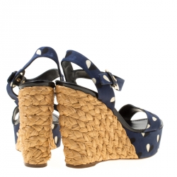 مملوكة مسبقًا Louis Vuitton Blue Printed Fabric Espadrille Wedge Sandals Size 38