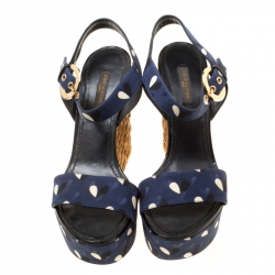 مملوكة مسبقًا Louis Vuitton Blue Printed Fabric Espadrille Wedge Sandals Size 38