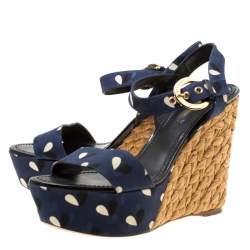 مملوكة مسبقًا Louis Vuitton Blue Printed Fabric Espadrille Wedge Sandals Size 38