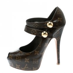 مملوكة مسبقًا حذاء كعب عالي لوي فيتون مقدمة مفتوحة ريتوار فتيش كانفاس مقوى مونوغرامي مقاس 39