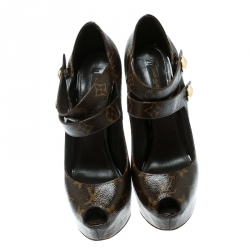 مملوكة مسبقًا حذاء كعب عالي لوي فيتون مقدمة مفتوحة ريتوار فتيش كانفاس مقوى مونوغرامي مقاس 39