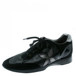 Louis Vuitton Black Leather And Suede Fleur Pattern Sneakers Size 41