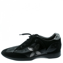 Louis Vuitton Black Leather And Suede Fleur Pattern Sneakers Size 41