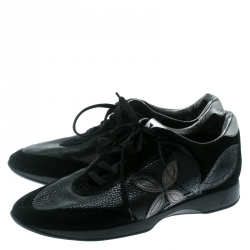 Louis Vuitton Black Leather And Suede Fleur Pattern Sneakers Size 41