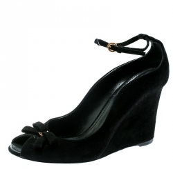 مملوكة مسبقًا Louis Vuitton Black Suede Leather Bow Peep Toe Ankle Strap Wedge Sandals Size 38.5