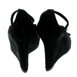 مملوكة مسبقًا Louis Vuitton Black Suede Leather Bow Peep Toe Ankle Strap Wedge Sandals Size 38.5