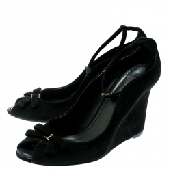 مملوكة مسبقًا Louis Vuitton Black Suede Leather Bow Peep Toe Ankle Strap Wedge Sandals Size 38.5