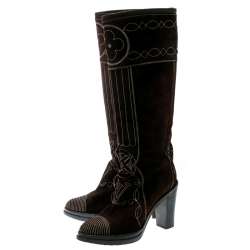 Pre Owned حذاء بوت لوي فيتون تفاصيل إبزيم منتصف ساق سويدي نقش مونوغرامي بني مقاس 39