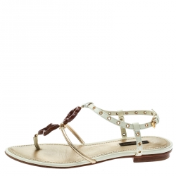 Pre Owned صندل بإصبع لوي فيتون فلات فلور جلد أبيض/ ذهبي ميتالك مقاس 37