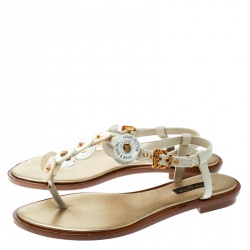 مملوكة مسبقًا Louis Vuitton Beige Canvas Button Embellished Thong Flat Sandals Size 37.5