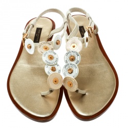 مملوكة مسبقًا Louis Vuitton Beige Canvas Button Embellished Thong Flat Sandals Size 37.5