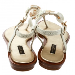 مملوكة مسبقًا Louis Vuitton Beige Canvas Button Embellished Thong Flat Sandals Size 37.5