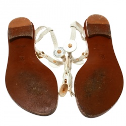 مملوكة مسبقًا Louis Vuitton Beige Canvas Button Embellished Thong Flat Sandals Size 37.5