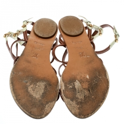 Pre Owned صندل لوي فيتون فلات سيور زهور جلد كريمي/ بني مقاس 37.5