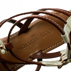 Pre Owned صندل لوي فيتون فلات سيور زهور جلد كريمي/ بني مقاس 37.5