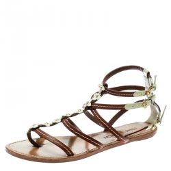 Pre Owned صندل لوي فيتون فلات سيور زهور جلد كريمي/ بني مقاس 37.5