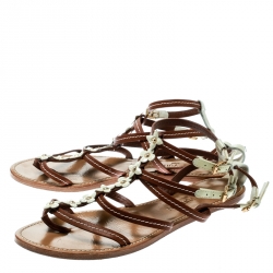 Pre Owned صندل لوي فيتون فلات سيور زهور جلد كريمي/ بني مقاس 37.5