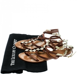 Pre Owned صندل لوي فيتون فلات سيور زهور جلد كريمي/ بني مقاس 37.5