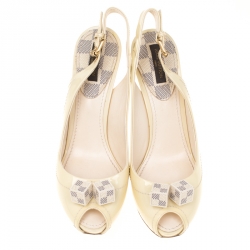 Pre Owned Louis Vuitton Cream Leather/Damier Azur Canvas Pumps Size 37