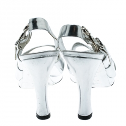 Pre Owned صندل لوي فيتون فتحة كعب مقدمة مفتوحة جلد فضي ميتالك مقاس 37.5